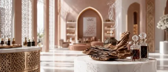 Na ujęciu widzimy nowoczesną arabską perfumerię. W centrum kompozycji znajduje się surowy kawałek drewna agarowego (oud). Jego bogata faktura jest bardzo wyraźna i przyciąga wzrok, podkreślając ekskluzywność oraz naturalne pochodzenie składnika.