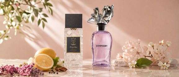 Luksusowe perfumy Bujairami Psycho inspirowane Louis Vuitton Symphony — świeży cytrusowo-kwiatowy zapach premium w eleganckiej fotografii produktowej luxury style.